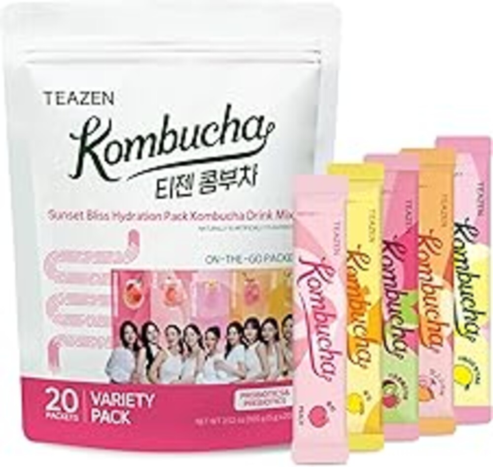 TEAZEN Kombucha Sunset Bliss Hydration Variety Pack - 20 Packets, 5 Flavors (Peach, Mango-Guava, Strawberry-Kiwi, Citron, Sicilian Pink Lemon), On-the-Go Powder Drink Mix