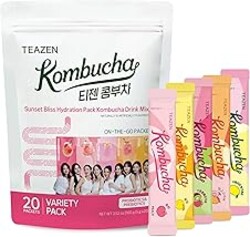 TEAZEN Kombucha Sunset Bliss Hydration Variety Pack - 20 Packets, 5 Flavors (Peach, Mango-Guava, Strawberry-Kiwi, Citron, Sicilian Pink Lemon), On-the-Go Powder Drink Mix