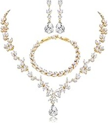 Hadskiss Jewelry Set for Women, Necklace Dangle Earrings Bracelet Set with White AAA Cubic Zirconia, Allergy Free Wedding Party Jewelry for Bridal Bridesmaid