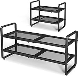 Expandable Metal Shoe Rack for Closet, Entryway & Garage, 2-Tier, Black | Adjustable Height for Boots, Stackable Design, Dense Mesh Shelves for Heels, Fits Small Spaces, Apartments and Rentals