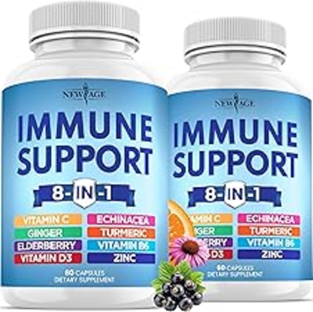 NEW AGE 8 in 1 Immune Support Booster Supplement with Echinacea, Vitamin C and Zinc 50mg, Vitamin D 5000 IU, Turmeric Curcumin & Ginger, B6, Elderberry 120 Count (Pack of 2)