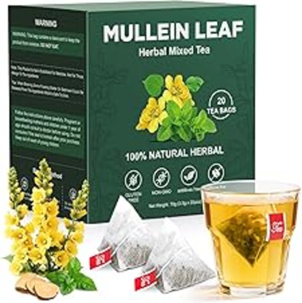 Natural Mullein Tea Bags for Lungs -Mullen Leaf & Herbal Blend Mint Leaves for Respiratory Support & Detox Tea Caffeine-Free 20Bags
