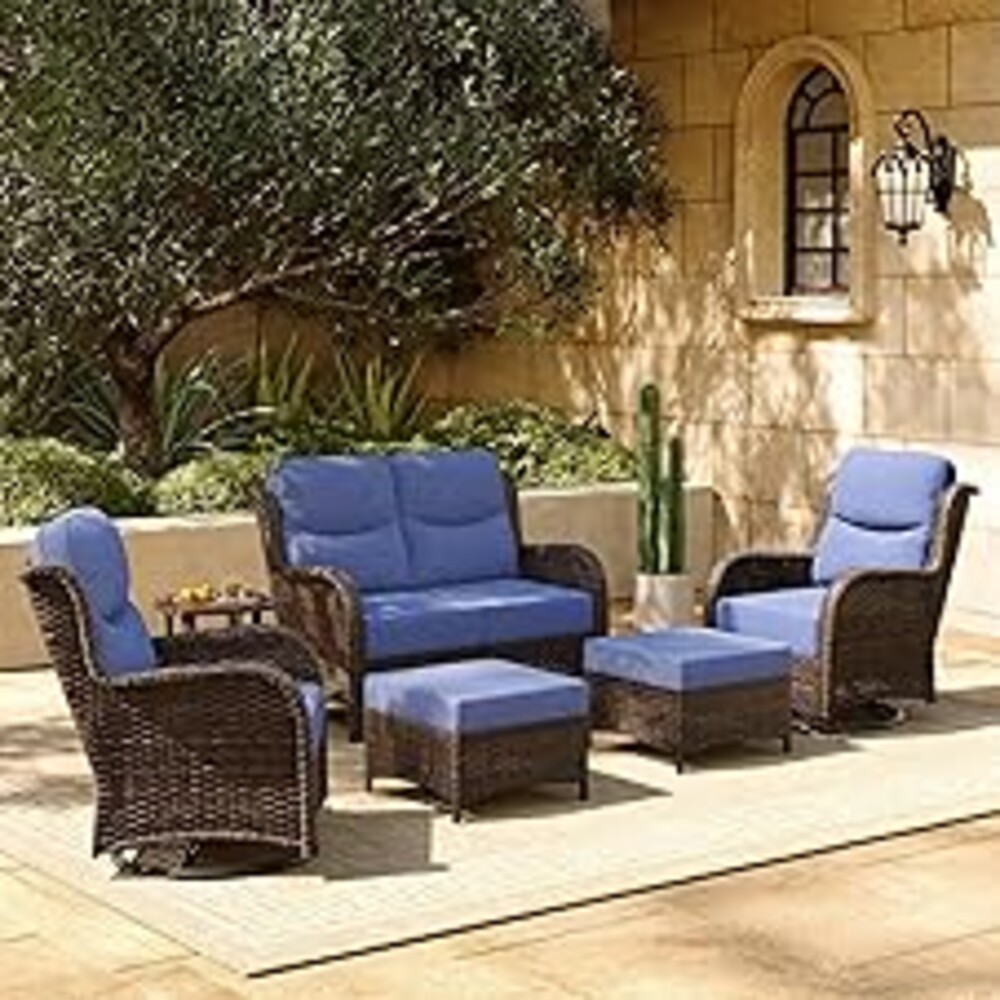 HILLGA 6-Piece Luxury Patio Furniture Set with 6" Thick Cushions, Weather-Resistant Wicker High Back Swivel Rocker Chairs, Senior-Friendly Outdoor Loveseat Set for Deck, Yard and Poolside, Blue(V2)