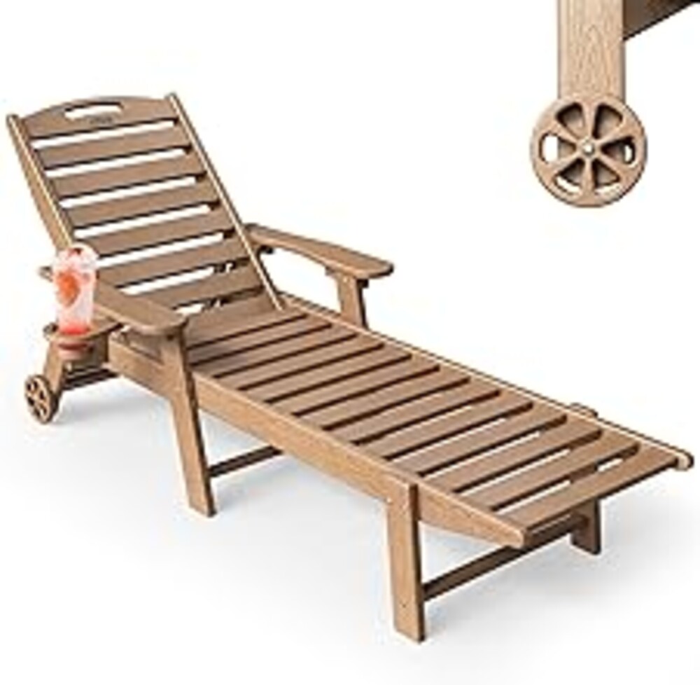 SUUNYN Chaise Lounge Outdoor, Lounge Chair Outdoor with Wood Texture, Adjustable 5-Position Backrest, HDPE Lounge Chair with Wheels & Cup Holder for Pool Deck Backyard, Teak