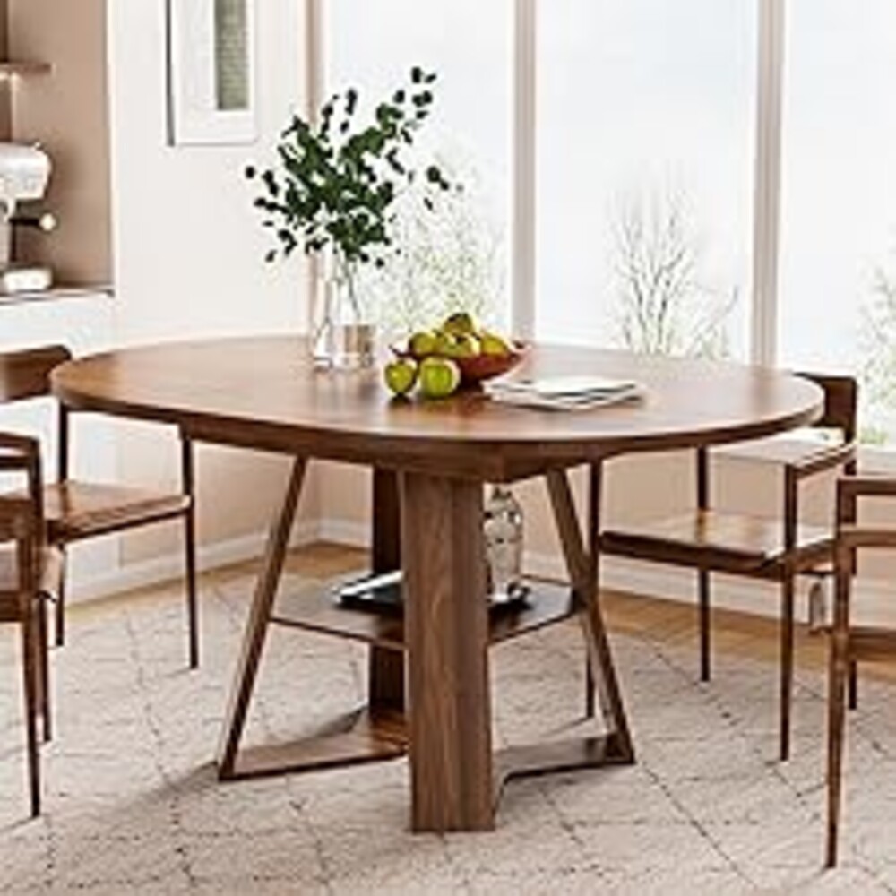 43.3in-59in Extendable Round Dining Table for 4-6,Modern Kitchen Oval Dining Table with Removable Leaves Space Saving,Wood Base with Storage Shelf for Kitchen Living Room