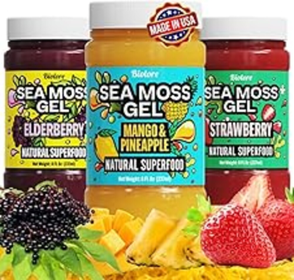 Biolore Sea Moss Gel Set of 3 – Total 24oz – Flavored Superfood with Natural Electrolytes – Mango-Pineapple, Elderberry, Strawberry – Wildcrafted Mango Jam Sea Moss – Minerals, Vegan, Made in USA