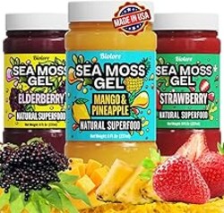 Biolore Sea Moss Gel Set of 3 – Total 24oz – Flavored Superfood with Natural Electrolytes – Mango-Pineapple, Elderberry, Strawberry – Wildcrafted Mango Jam Sea Moss – Minerals, Vegan, Made in USA
