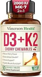 Vitamin D3 K2 Supplement – All-in-1 Support for Immune, Bone & Heart Health – Vitamin D + Vitamin K (as MK7) – K2 D3 2000IU Vitamin Supplement, 90 Natural Cherry-Flavored Chewables