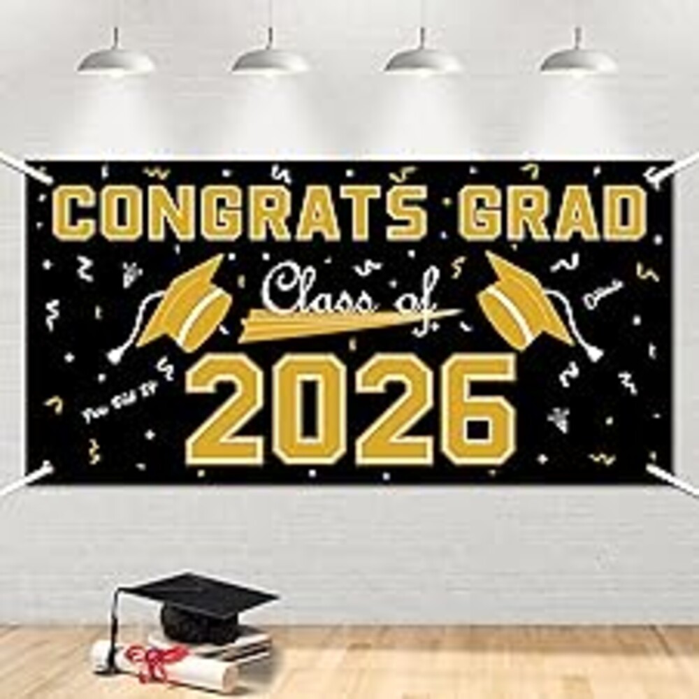 2026 Graduation Decorations - Black Gold Polyester Graduation Backdrop - Graduation Party Decorations - Congrats Grad Banner - Graduation Decorations Class of 2026,Graduation Party Favors Supplies Yard Sign