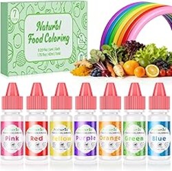 Natural Food Coloring Kit - 7 Colors Dye Free Natural Food Dye, FD&C Artificial Dye Free Liquid Food Coloring for Baking, Cake Decorating, Frosting, Easter Eggs, Fondant & Cookies, 6ml (0.25 fl oz)