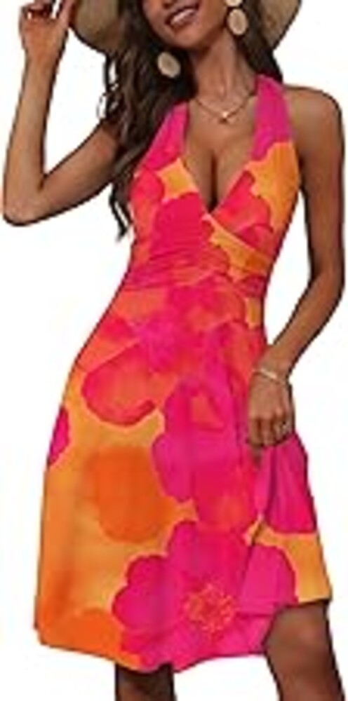 HUHOT Women's Summer Sundress Sleeveless Halter Neck Spring 2026 Floral with Pocket Elastic Waist Ruffle Mini Dresses