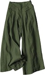 Hooever Women's Cotton Linen Culottes Pants Elastic Waist Wide Leg Palazzo Trousers Capri Pant