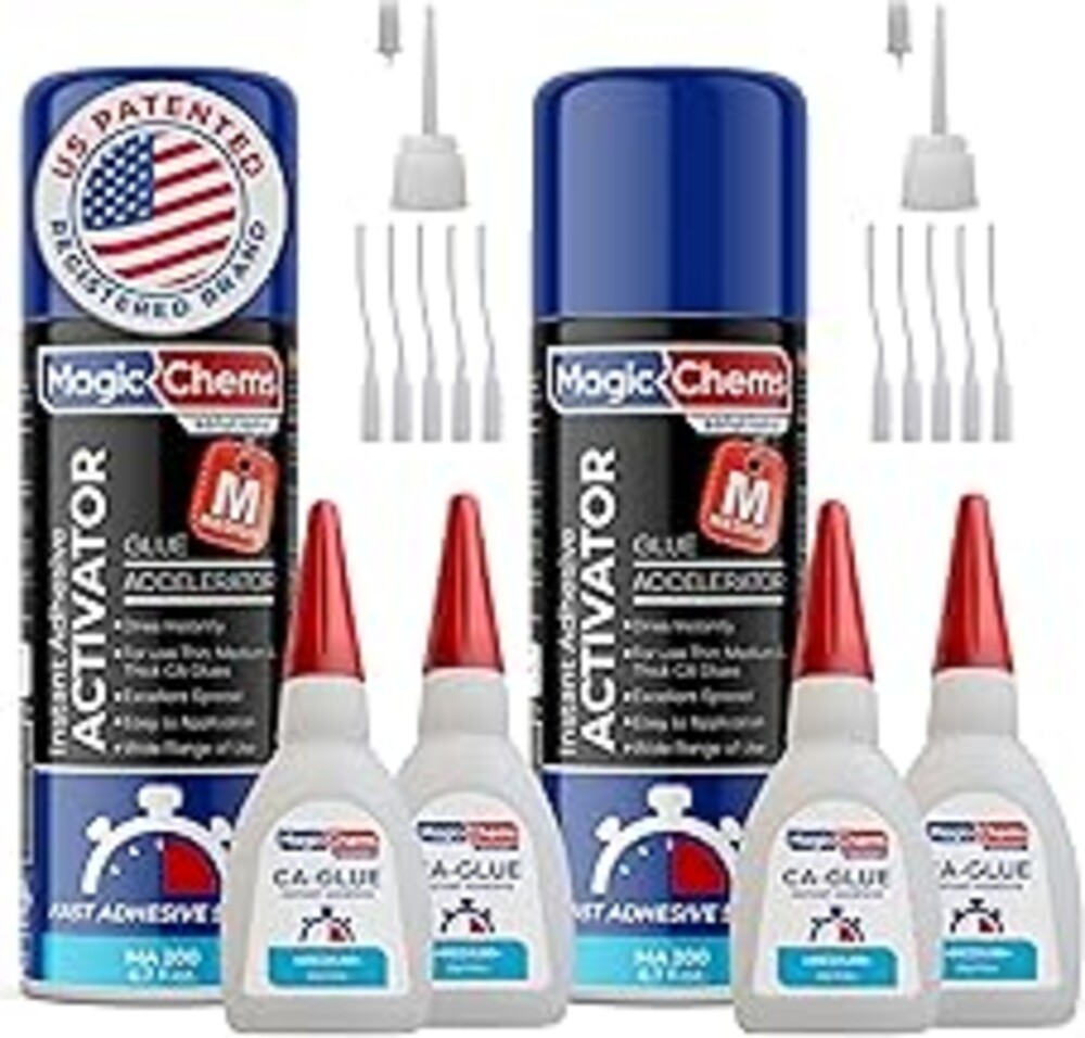 CA Glue with Activator Kit (4 x 0.8 oz Glue + 2 x 6.7 fl oz Activator), Cyanoacrylate Adhesive for 3D Printing & Acrylic, Strong Bond Super Glue Accelerator Set (2 Pack)