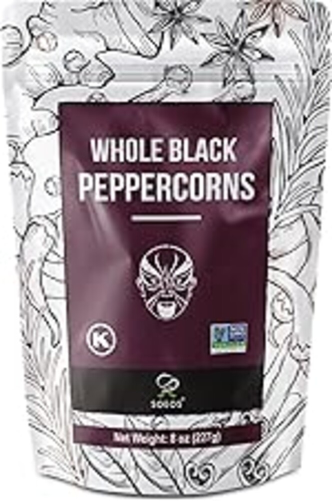 Soeos Black Peppercorns, 8oz (Pack of 1), Non-GMO, Kosher, Packed to Keep Peppers Fresh, Peppercorn for Grinder Refill, Whole Peppercorns