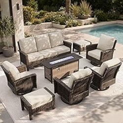 HERA'S HOUSE 8-Piece Patio Furniture Set with Outdoor Swivel Chairs & Fire Pit Table, High Back Wicker Conversation Sets with 5.5" Thick Cushions, All-Weather Deep Seating Sofa with Ottomans, Beige