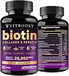 VITBOOST Biotin with Hyaluronic Acid, Collagen and Keratin – 25000 mcg Hair Growth Vitamins for Men and Women – Nails and Skin, USA Made - Third Party Tested, B1, B2, B3, B6, B7 Complex - 60 Capsules