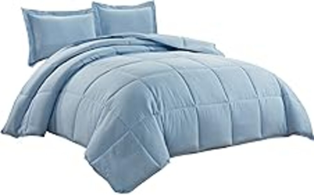 Chezmoi Collection 3-Piece All Season King Comforter Set Chambray Blue, Soft Quilted Down Alernative Duvet Insert with Corner Tabs, Lightweight Microfiber Bedding, 102 x 90 Inches