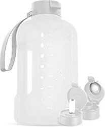 AQUAFIT 64 oz Water Bottle with Time Marker - Straw & Chug Lid - BPA Free Half Gallon Gym Water Bottle with Handle - Big Gallon Jug (White, 64 Ounces)