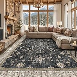 Boho Black Rug for Living Room - Washable 10x12 Area Rug, Dining Room Rugs for Under Table, Soft Low Pile Carpet for Bedroom - Farmhouse Decor, Non-Slip & Stain Resistance