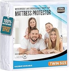Twin Size Mattress Protector Waterproof, Premium 200 GSM Terry Mattress Cover, Soft & Breathable Bed Cover, Fitted Sheet Style Stretchable Deep Pockets 15" by Utopia Bedding (White)