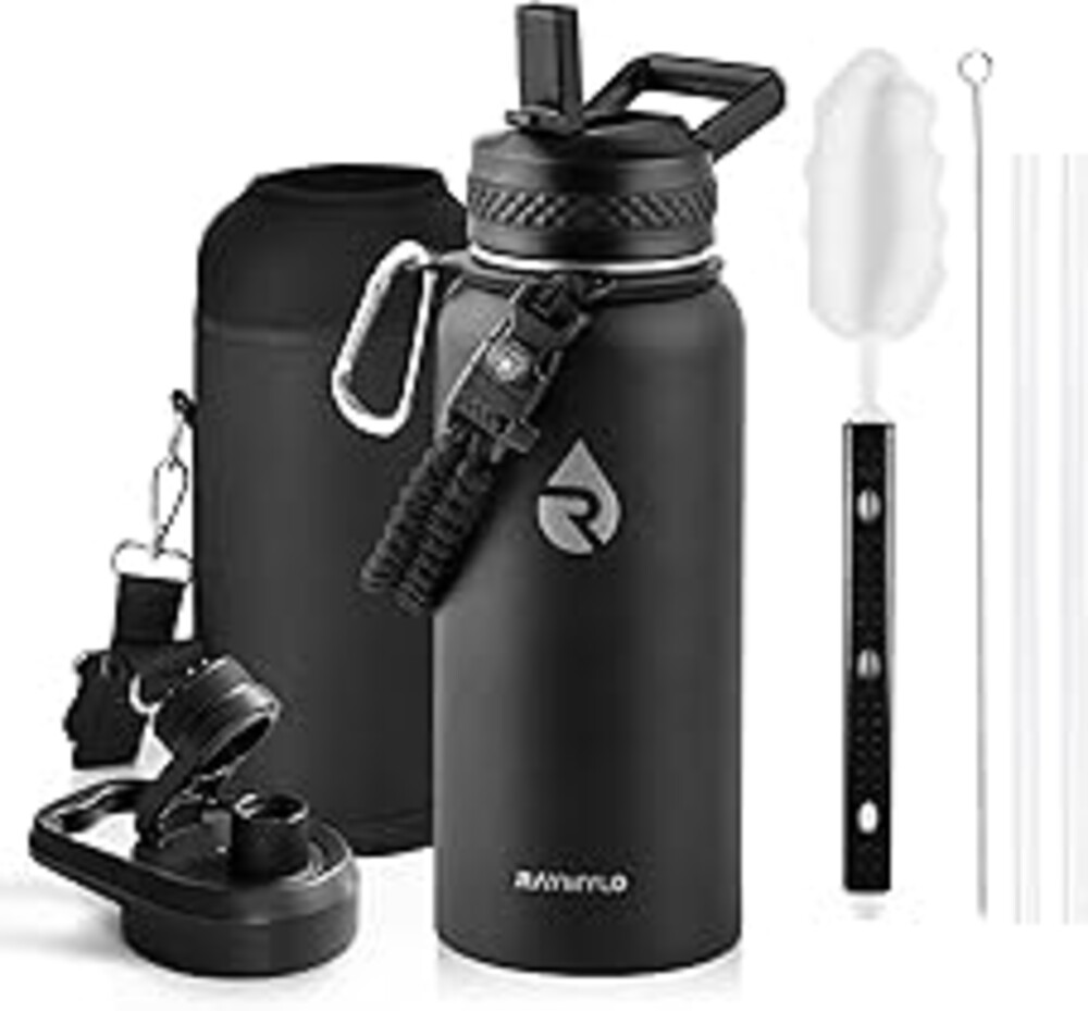RAYMYLO Insulated Water Bottle 32 oz, Triple Wall Vacuum Stainless Steel (Cold for 24Hrs, Hot for 12Hrs), Leak Proof & Non-BPA, Modern Water Flask Jug with Paracord Handle & Straw Spout Lids
