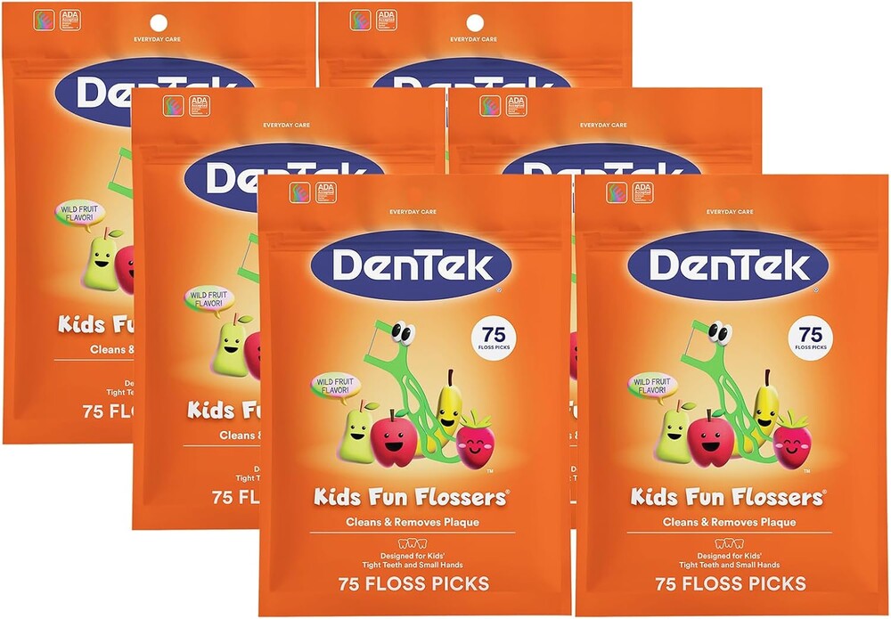 DenTek Fun Flossers – Kids Floss Picks with Wild Fruit Flavor, 75 Count, Pack of 6