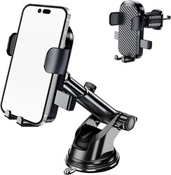 wuyaoyao Phone Holder for Car, 360° Adjustable Cell Phone Holder with Suction Cup & Hook, 3-in-1 Phones Mount for Car Dashboard Windshield Air Vent Universal Fits All Smartphones (Carbon Fiber)