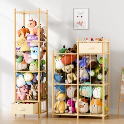 Stuffed Animal Storage Organizer – 2-in-1 Vertical & Horizontal Wooden Toy Zoo Holder with Pull-Out Drawer, Space-Saving Plush & Doll Storage Shelf for Toddler Rooms, Playrooms & Bedrooms