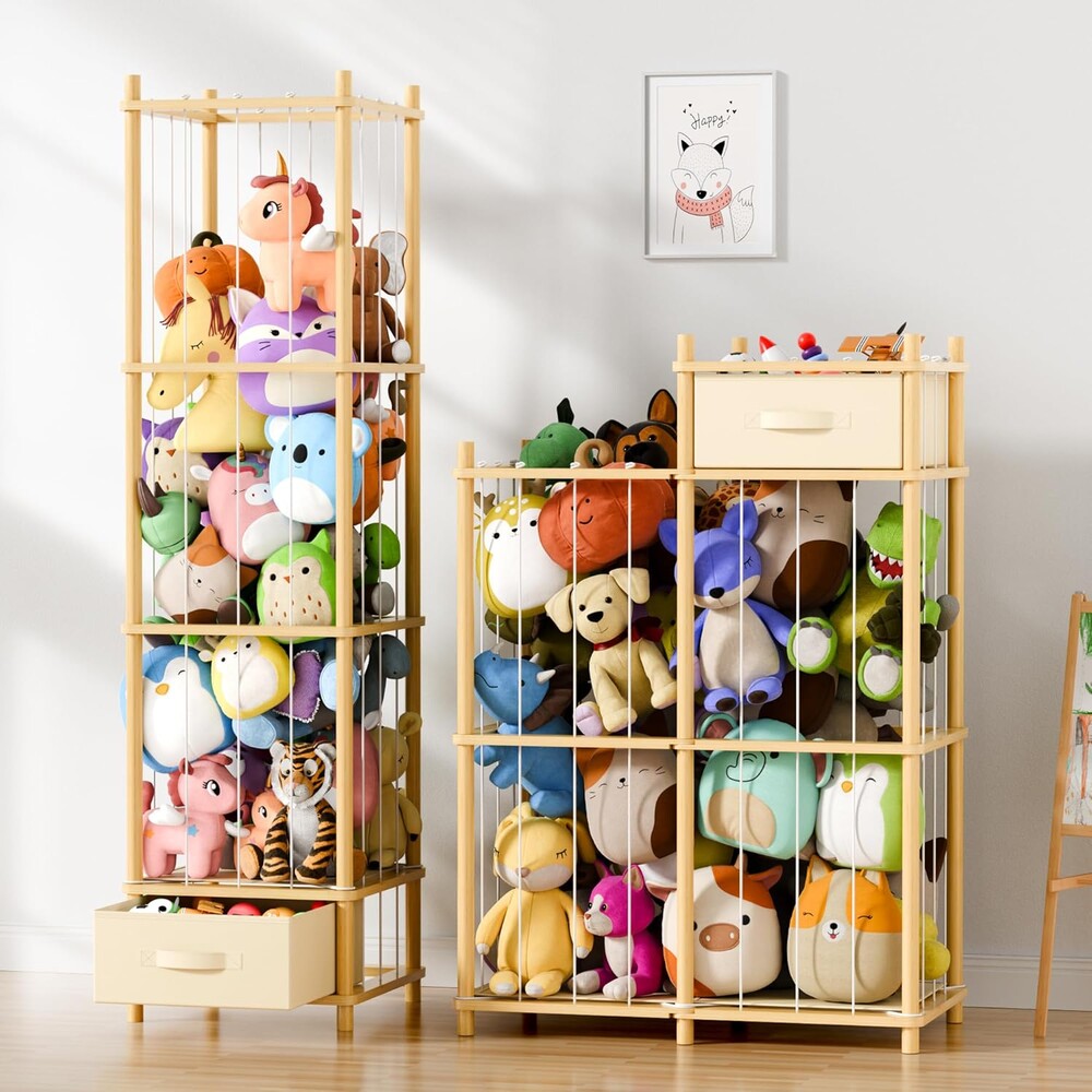Stuffed Animal Storage Organizer – 2-in-1 Vertical & Horizontal Wooden Toy Zoo Holder with Pull-Out Drawer, Space-Saving Plush & Doll Storage Shelf for Toddler Rooms, Playrooms & Bedrooms