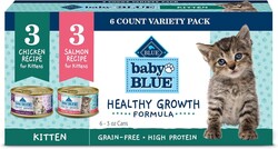 Blue Buffalo Baby Blue Natural Kitten Wet Cat Food Paté Variety Pack, Healthy Growth Formula with DHA, High-Protein & Grain-Free, Chicken and Salmon Recipes, 3-oz Cans (6 Count, 3 of Each)