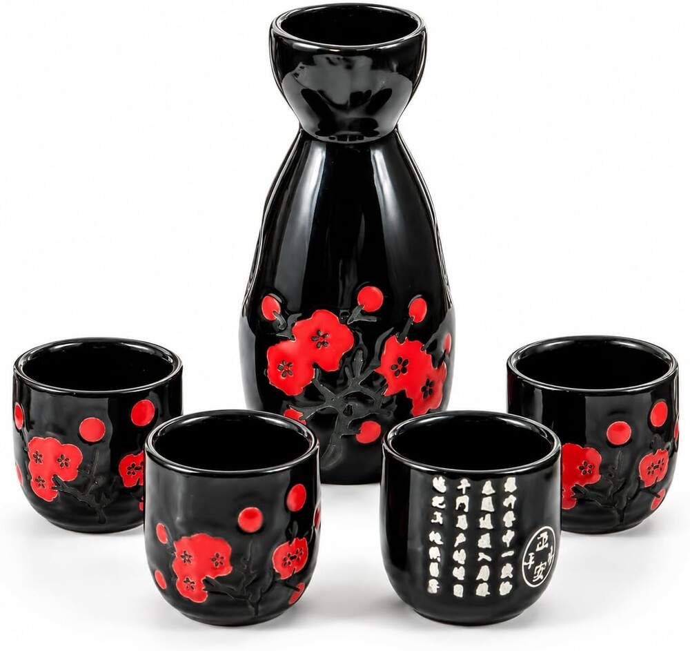 Black Ceramic Sake Set, 5 Piece Japanese Sake Carafe and Cups Set with Red Plum Blossom Design, 150ml Sake Bottle and 4 Small Cups for Hot Sake, Dinner, Party, Home Bar, Gift