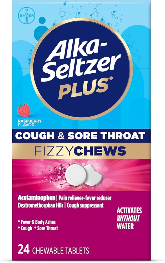 Alka-Seltzer Plus Cough & Sore Throat Fizzy Chews, No Water Needed, On The Go Sore Throat Relief for Adults, Raspberry Flavor, 24 Count