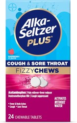 Alka-Seltzer Plus Cough & Sore Throat Fizzy Chews, No Water Needed, On The Go Sore Throat Relief for Adults, Raspberry Flavor, 24 Count