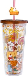 Silver Buffalo Peanuts Fall Autumn Thanksgiving Feast Featuring Snoopy and Woodstock Plastic Cold Cup with Lid and Straw Topper, 24 Ounces