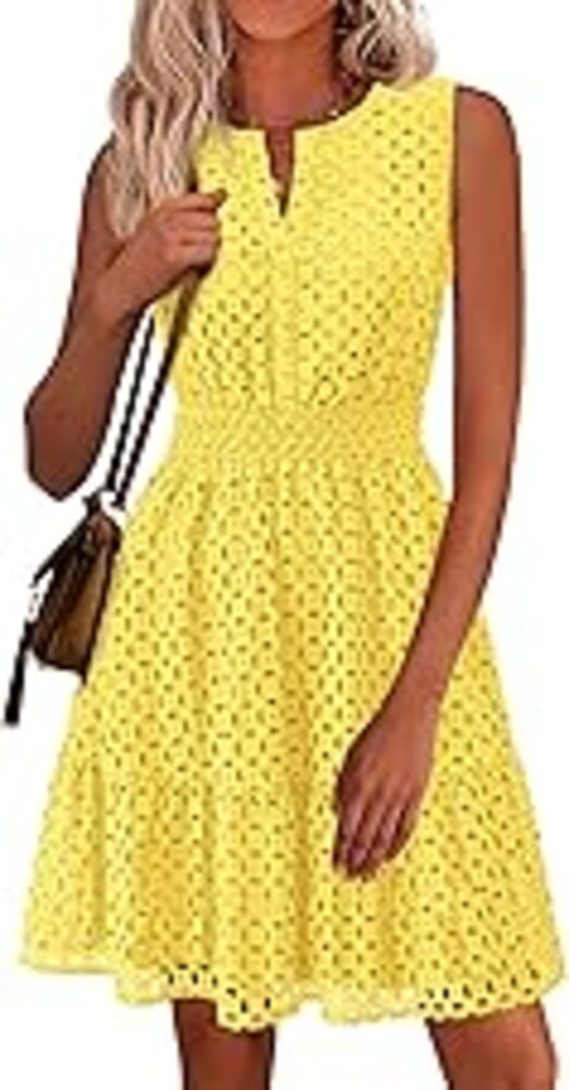 PRETTYGARDEN Women's Summer Dresses 2026 Sleeveless V Neck Eyelet Hollow Out Swing A Line Beach Vacation Sun Dress