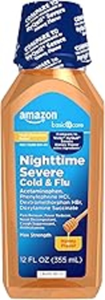 Amazon Basic Care Maximum Strength Nighttime Severe Cold and Flu Relief, Honey Flavor, Multi-Symptom Relief for Cough, Sore Throat, Congestion, 12 fl oz (1-Pack)