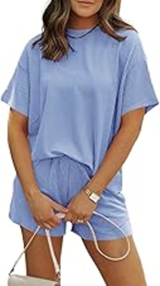 MARZXIN Women 2 Piece Shorts Set 2026 Casual Summer Cruise Outfits Ribbed Loose Short Sleeve Pocket Matching Lounge Sets