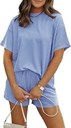 MARZXIN Women 2 Piece Shorts Set 2026 Casual Summer Cruise Outfits Ribbed Loose Short Sleeve Pocket Matching Lounge Sets