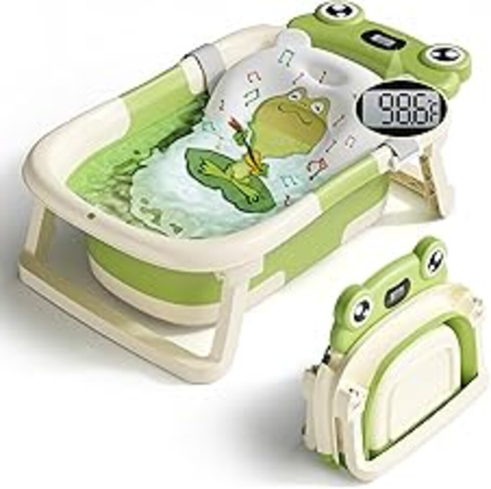 BUNWAG Baby Bathtub, Collapsible Newborn Bathtub for Infant to Toddler with Soft Cushion and Thermometer,Portable Travel Newborn Tub with No-Slip Feet, Baby Shower Gifts, 0-12 Months Baby Bath, Green