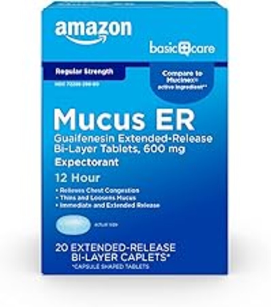 Amazon Basic Care Guaifenesin Extended-Release Tablets, 600 mg, 12 Hour Expectorant for Chest Congestion and Mucus Relief, 20 Count