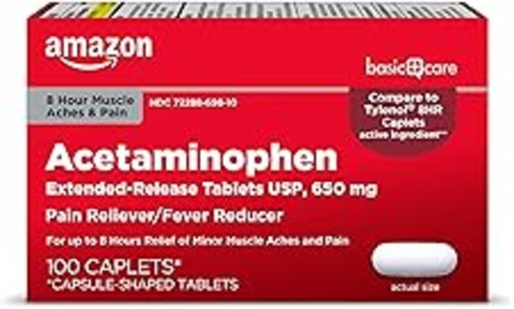 Amazon Basic Care Acetaminophen Extended-Release Tablets, 650 mg, Pain Reliever, Fever Reducer, 8 Hour Relief, 100 Count