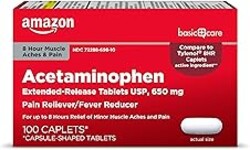 Amazon Basic Care Acetaminophen Extended-Release Tablets, 650 mg, Pain Reliever, Fever Reducer, 8 Hour Relief, 100 Count