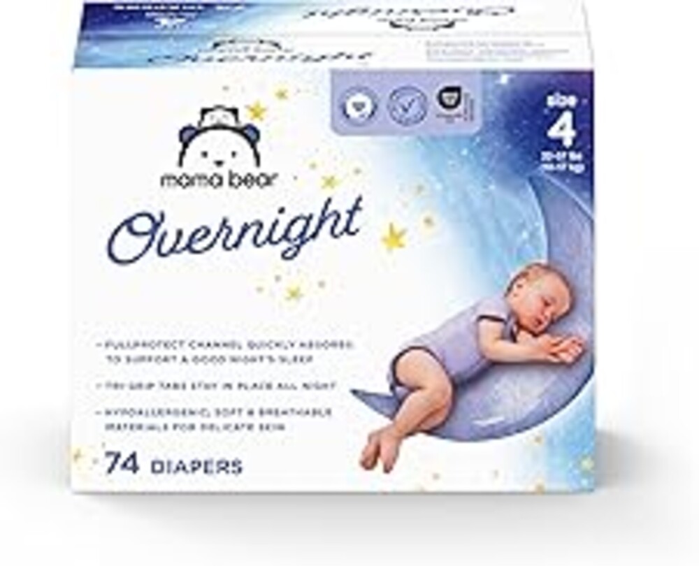 Amazon Brand - Mama Bear Overnight Baby Diapers with Leak Protection, Fragrance-Free, Size 4, 74 Count, Nighttime Protection, Leakproof with Leak Guards