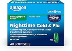 Amazon Basic Care Nighttime Cold & Flu Relief, Pain Reliever, Fever Reducer, 6 Hour Cold Medicine, Cough Suppressant, Antihistamine, 48 Count