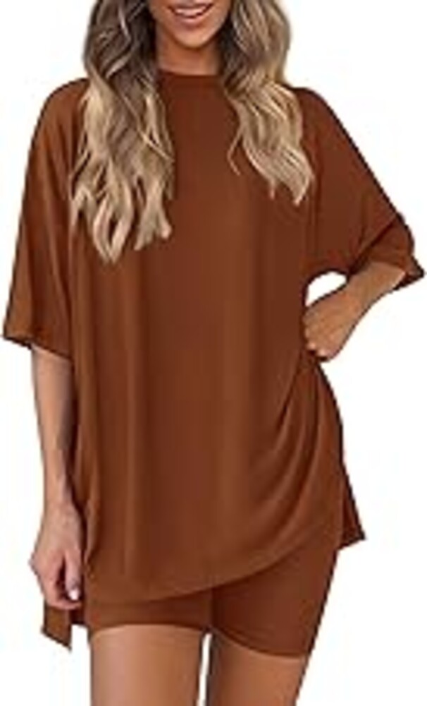 PRETTYGARDEN Women 2 Piece Lounge Set 2026 Summer Casual Oversized Shirts Biker Shorts Matching Airport Travel Outfit Clothes