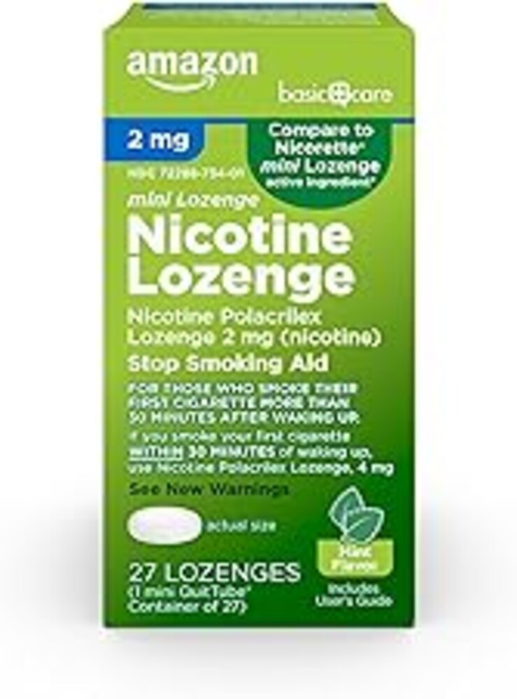 Amazon Basic Care Mini Nicotine Polacrilex Lozenge, 2 mg (Nicotine), Stop Smoking Aid, Mint Flavor, Smoking Cessation, 27 Count