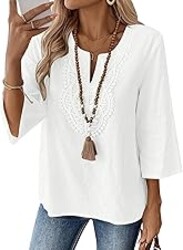LOMON Womens 3/4 Sleeve Tops Cotton Linen Shirts V Neck Lace Casual Loose Fit Blouses Boho Fashion