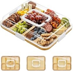 SpaceAid Charcuterie Board with Clear Lid, Portable Travel Cheese Cutting Boards for Picnic Accessories, Bamboo Serving Tray with Lids, House Warming Gifts, White Handles, 8 Compartments