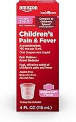 Amazon Basic Care Children's Pain Reliever and Fever Reducer, Acetaminophen 160 mg per 5 ml, Bubblegum Flavor, for Headache and Sore Throat, Ages 2-11 Years, 4 fl oz