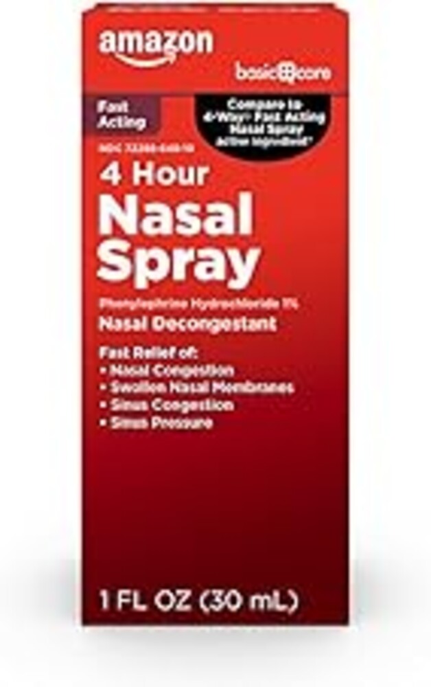 Amazon Basic Care Nasal Four Nasal Spray, Phenylephrine Hydrochloride 1%, Fast-Acting Decongestant, Non-Drowsy, Sinus Pressure Relief, 1 fl oz